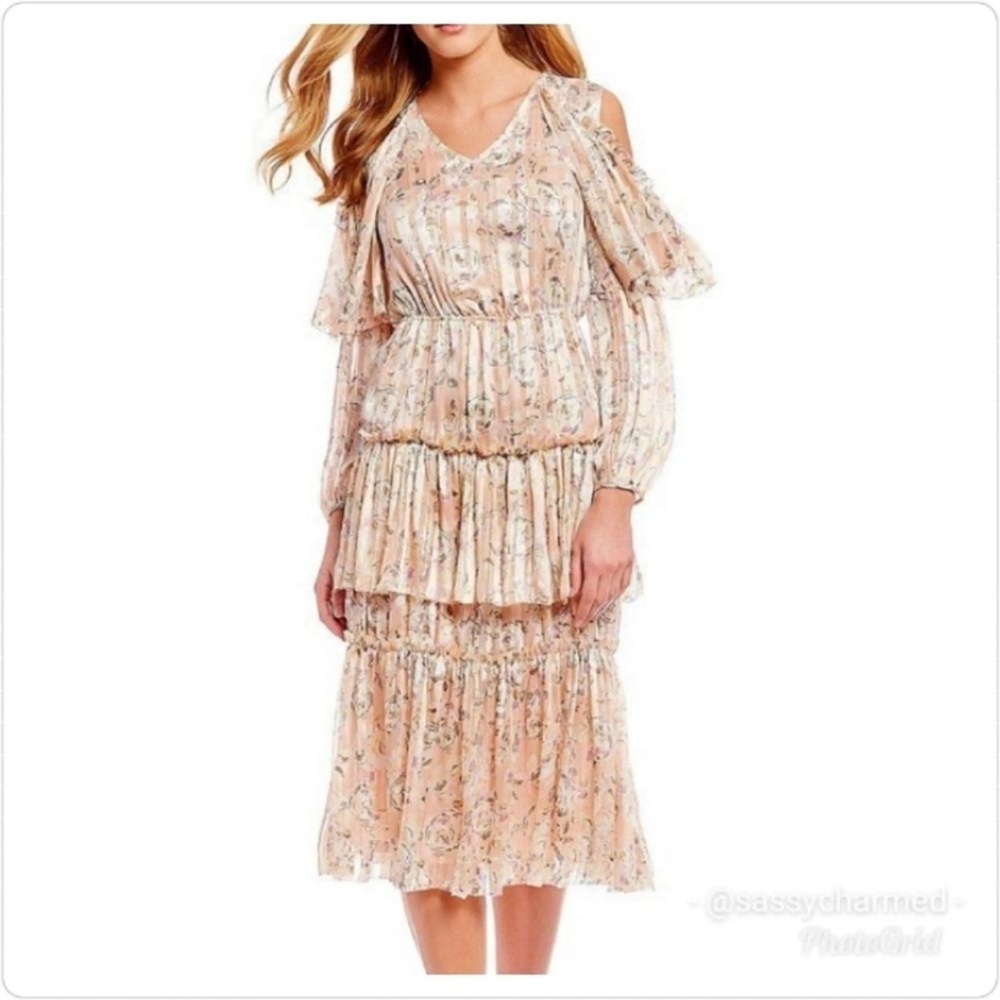 Women’s Chelsea &Violet Lurex Striped Ruffle Tiered Lined Metallic Cold Shoulder